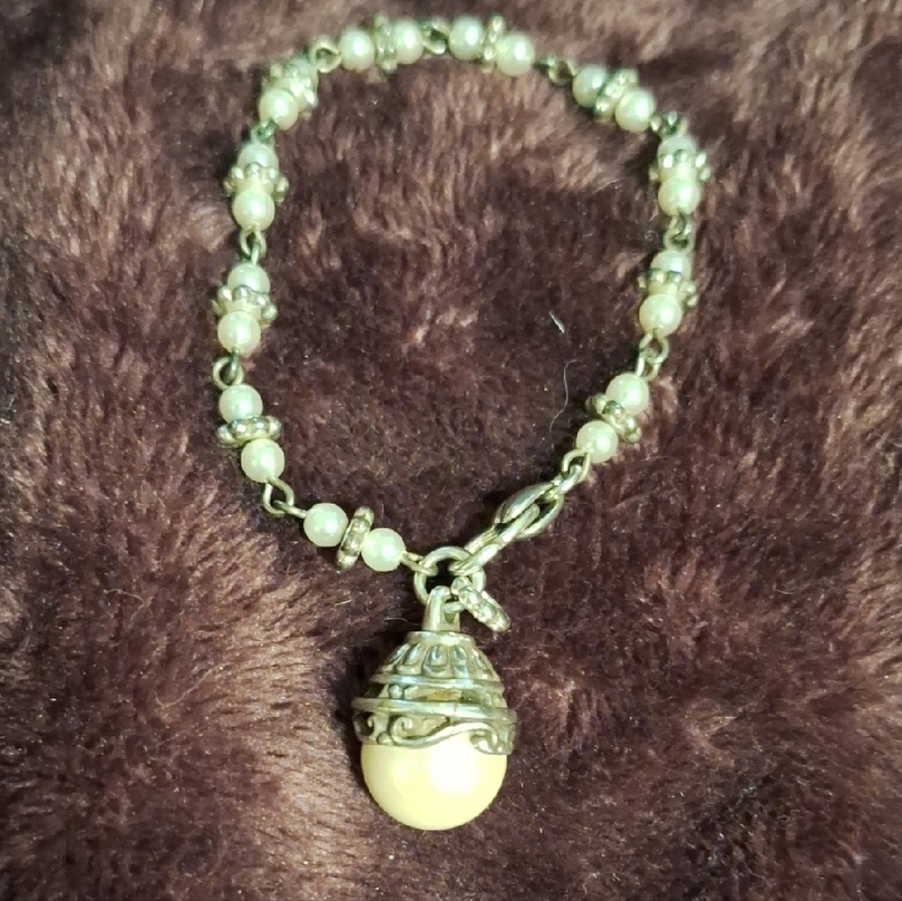 Vtg Large Drop Glass Pearl Charm Bracelet Seed Silvertone Teardrop Heart Tennis